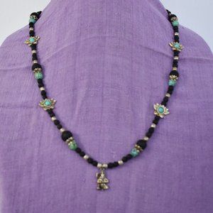 27  3/4" black Tulasi with turquois beads set in lotus w sterling silver Hanuman
